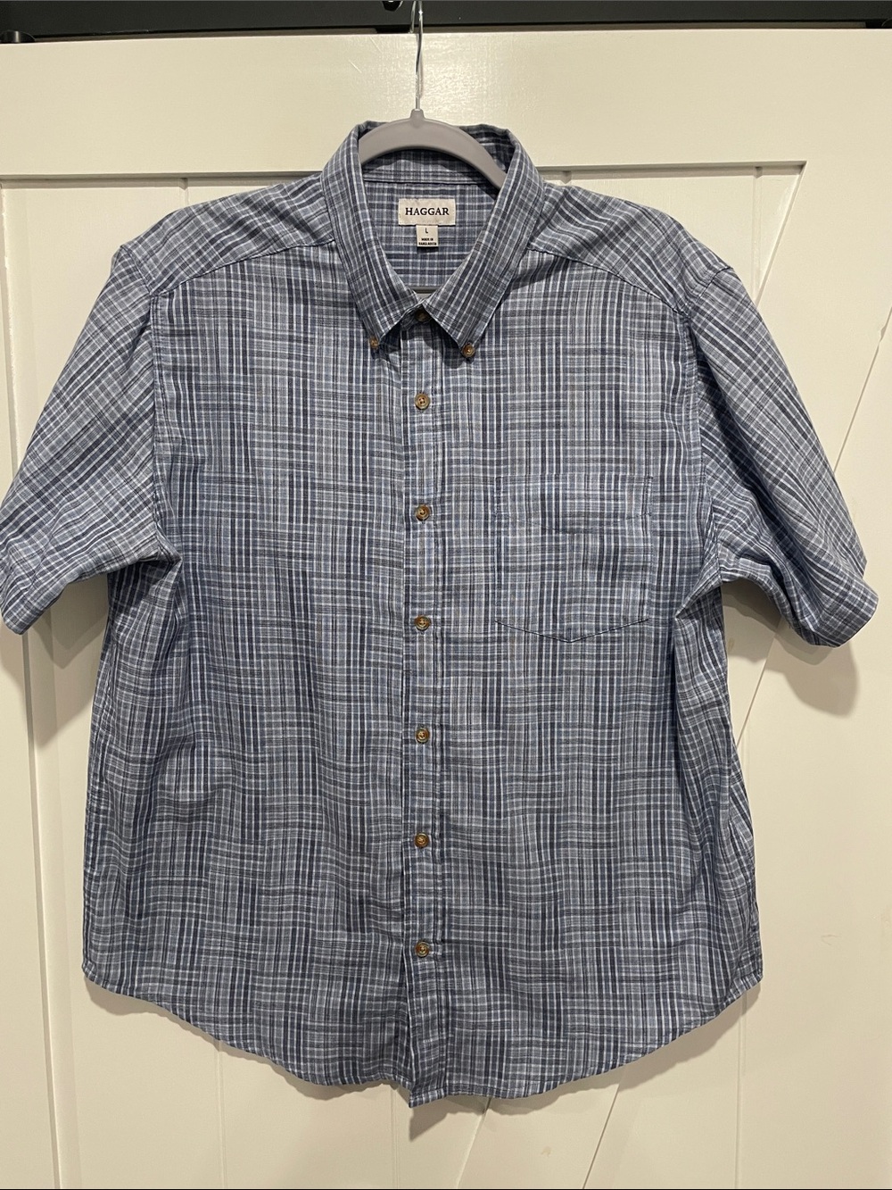 Haggar Blue Plaid Short-Sleeve Button-Down Shirt